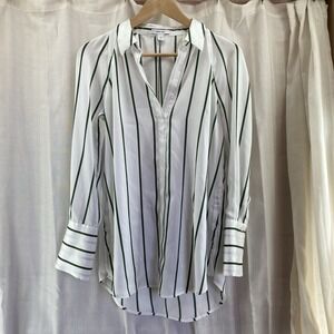 Nine West‎ Women XS Top Blouse White Green Stripe V Neck Oversize Dress Shirt